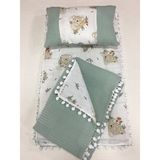 Buse Baby Home Yeşil Müslin ve Ponponlu Alt Açma Seti, Yastık ve Battaniye 3'lü Set 100% Pamuk