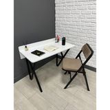 Buse Çalışma Masası Ofis Bilgisayar Masası + Katlanır Sandalyeli 103 cm Metal Siyah Ayak - Beyaz - Kahverengi - 103 x 52 x 96