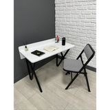 Buse Çalışma Masası Ofis Bilgisayar Masası + Katlanır Sandalyeli 103 cm Metal Siyah Ayak - Beyaz - Siyah - 103 x 52 x 96