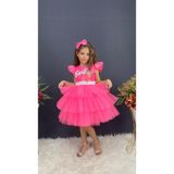 Buse & Eylül Bebe Barbie Taçlı Kız Çocuk Doğum Günü Parti Elbisesi Abiye - Pembe - 6 Yaş