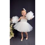 Buse & Eylül Bebe Beyaz Ponpon Kollu Pullu Kız Çocuk Abiye - 3 Yaş