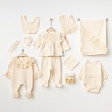 Buse & Eylül Bebe Ekru Güpürlü 10 Parça Kız Bebek Hastane Çıkışı Takımı - 0 - 3 Ay