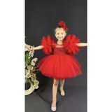 Buse & Eylül Bebe Kırmızı Ponpon Kollu Pullu Kız Çocuk Abiye - 5 Yaş