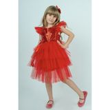 Buse & Eylül Bebe Kırmızı Pullu Kız Çocuk Parti Elbisesi - 5 Yaş