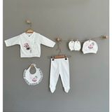Buse & Eylül Bebe Ortanca Çiçek Desenli 5 Parça Kız Bebek Hastane Çıkışı - Ekru - 0 - 3 Ay