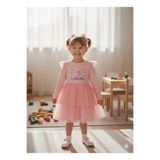 Buse&Eylül Bebe Pembe Labubu Tüllü Uzun Kollu Penye Kız Çocuk Elbisesi
