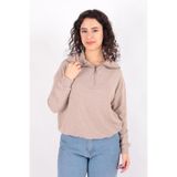 BUSEM Kadın Fermuarlı Sweatshirt, Koyu Bej, S