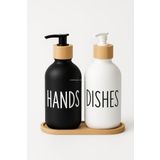 Busstier Bulaşık Deterjanlık ve Sabunluk Seti Bambu Tepsili Şık İkili Set Siyah Beyaz Modern Tasarım Kompozit Malzemeli Mutfak Tezgah Üstü Organizer (Silindir)
