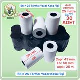 Butek 56X25; 30 Adet Rulo; Termal Yazar Kasa Pos Rulosu, Yazar Kasa Fişi - 56mmX25m