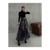Butik Beyza Şifon Uzun Astarlı Baskılı Taba Kemer Detaylı Etek