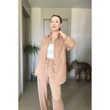Butik Didem Sakinci Zebra Desenli Yumuşak Dokulu Saten Tiril Gömlek Pantolon Takım