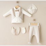 Butik Erkek Bebek %100 Pamuklu - Antialerjik Organik Kumaş Yenidoğan Hastane Çıkışı Zıbın Seti 5 Parça - 0 - 3 Ay - Ekru
