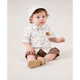 Butik Erkek Bebek %100 Pamuklu Müslin Kumaş Şortlu Şapka Aksesuarlı 3'lü Takım - 12 - 18 Ay - Beyaz - Bej