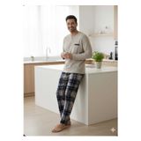 Butik Erkek Bej Uzun Kollu Pamuklu Ekose Desenli Düğme Detaylı Pijama Takımı