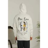 Butik Erkek Sırt Baskılı Oversize Üç İplik Kapüşonlu Sweatshirt - Beyaz
