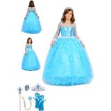 Butik Happy Kids Frozen Elsa Kostümü Uzun Kollu Kız Çocuk Prenses Elbisesi Taç+Asa+Saç+Eldiven+Rozet Hediyeli - 7 - 8 Yaş - Mavi