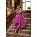 Butik Happy Kids Kız Çocuk Abiye Fuşya Taş Kordon Askılı Kalp Yaka Kuyruklu Şifon Abiye Elbise 9-16 Yaş - 14 Yaş