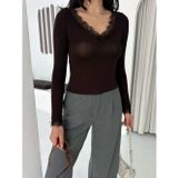 Butik İstanbul Dantel Detaylı V Yaka Arkası V Yaka Kaşmir Dokulu Uzun Kollu Bluz - Vişne Çürüğü