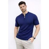 Butik İstanbul Erkek Kısa Kol Fitilli Triko T-Shirt Yazlık Hakim Yaka Tişört - Lacivert
