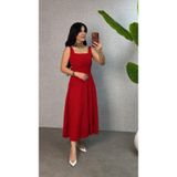 Butik İstanbul Kadın Askılı Kare Yakalı Bel Arkasından Bağlama Detaylı Uzun Yerli Krep Elbise
