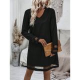 Butik İstanbul Kadın Uzun Kollu V Yakalı Tül şerit Detaylı Mini Krep Elbise