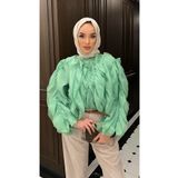 Butik Kadın Fırfırlı Astarlı Yazlık Şifon Saten Yeşil Bluz