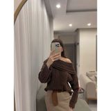 Butik Kadın Kahverengi Kayık Yaka Saç Örgü Triko Kazak - 0-Kahverengi - Standart
