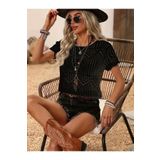 Butik Kadın Kısa Kollu Bisiklet Yaka Desenli Triko Bluz