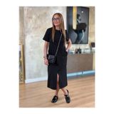 Butik Kadın Kısa Kollu Bisiklet Yakalı Cepli önden Yırtmaçlı Viskon Iki Iplik Midi Elbise