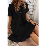 Butik Kadın Kısa Kollu Yakası Bağcıklı önden Düğmeli Fırfır Desenli Süprem Elbise