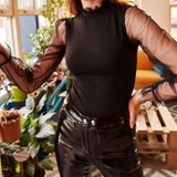 Butik Kadın Kolları Tül Detaylı örme Krep Kumaş Bluz