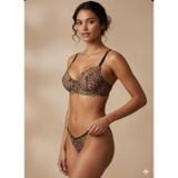 Butik Kadın Leopar Desenli Çiçek Nakışlı Transparan Balenli Tül Sütyen & Tanga Brode Takım