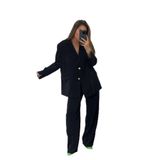 Butik Kadın Premium Kumaş Astarlı Siyah Blazer Ceket Palazzo Pantolon Alt-üst Takım SİYAH S