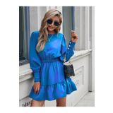 Butik Kadın Uzun Kollu Bisiklet Yaka Beli Lastikli Fırfırlı Ithal Krep Elbise