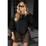 Butik Kadın Uzun Kollu Bisiklet Yaka Kolları Püsküllü Modal Bluz