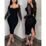 Butik Kadın Uzun Kollu Dantelli Büzgü Detaylı Yırtmaçlı Midi Sandy Elbise