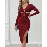 Butik Kadın Uzun Kollu Göğüs Ve Göbek Dekolte Detay Sandy Midi Boy Elbise
