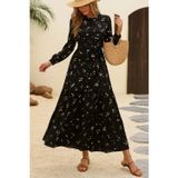 Butik Kadın Uzun Kollu Hakim Yakalı Düğmeli Kuşaklı Desenli Maxi Mikro Süprem Elbise