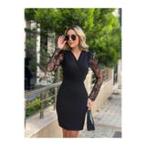 Butik Kadın Uzun Kollu Kruvaze Yaka Kollar Tül Detay Krep Mini Boy Elbise