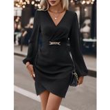 Butik Kadın Uzun Kollu Kruvaze Yaka Yandan Büzgülü Asimetrik Detaylı Ithal Krep Mini Elbise