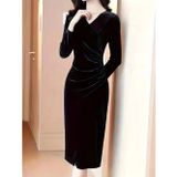 Butik Kadın Uzun Kollu Kruvaze Yakalı Yandan Büzgülü önden çapraz Detaylı Midi Kadife Elbise