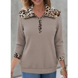 Butik Kadın Uzun Kollu Leopar Yakalı Fermuarlı Waffle Bluz