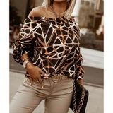 Butik Kadın Uzun Kollu V Yaka Düşük Omuz Geometrik Desen şardonlu Dalgıç Bluz