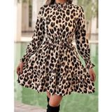 Butik Kadın Uzun Kollu Yarı Balıkçı Yaka Leopar Desenli Modal Mini Elbise