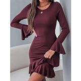 Butik Kadın Uzun Kollu Yuvarlak Yaka Fırfırlı Kol Ucu Volanlı Janjan Krep Mini Elbise