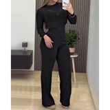 Butik Kadın Uzun Kollu Yuvarlak Yaka Transparan Detaylı Triko Bluz Ve Pantolon Ikili Takım