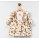 Butik Kız Bebek %100 Pamuklu Ekose Çiçekli Elbise - 18 - 24 Ay - Bej