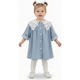 Butik Kız Bebek - Çocuk Çiçekli Yaka Detaylı Kot Elbise - 9 Ay - Mavi