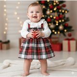 Butik Kız Bebek Ekose Desenli Dantel Yakalı Pamuklu Elbise 6-9-12-18-24 Ay - 9 Ay - Kiraz Kırmızısı