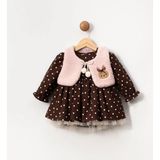 Butik Kız Bebek Polar Yelekli Pamuklu Puantiyeli Elbise Özel Tasarım Pamuk Astarlı - 6 - 9 Ay - Kahverengi - Pembe